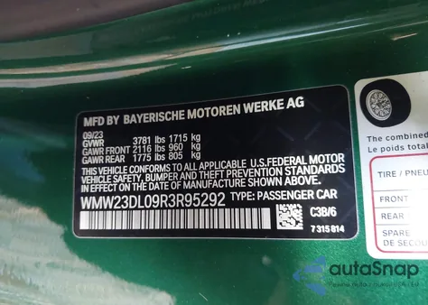 2024 Mini Convertible Cooper from USA, damaged, VIN WMW23DL09R3R95292